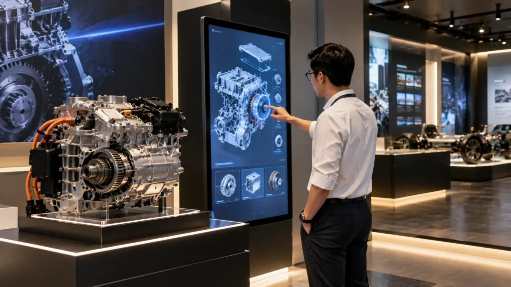 Interactive product installation combining a physical engineering product with digital 3D content