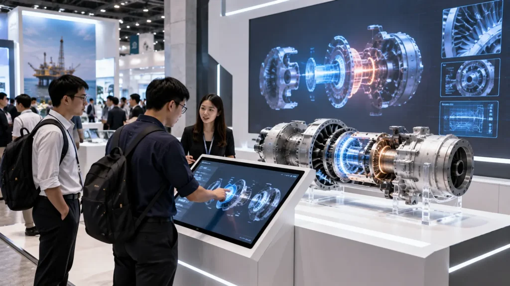 Physical product integrated with touchscreen and digital content at an interactive exhibition in Malaysia.