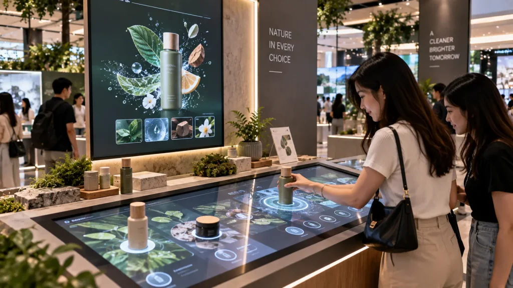 Interactive product table using object detection to trigger branded digital content in Malaysia.