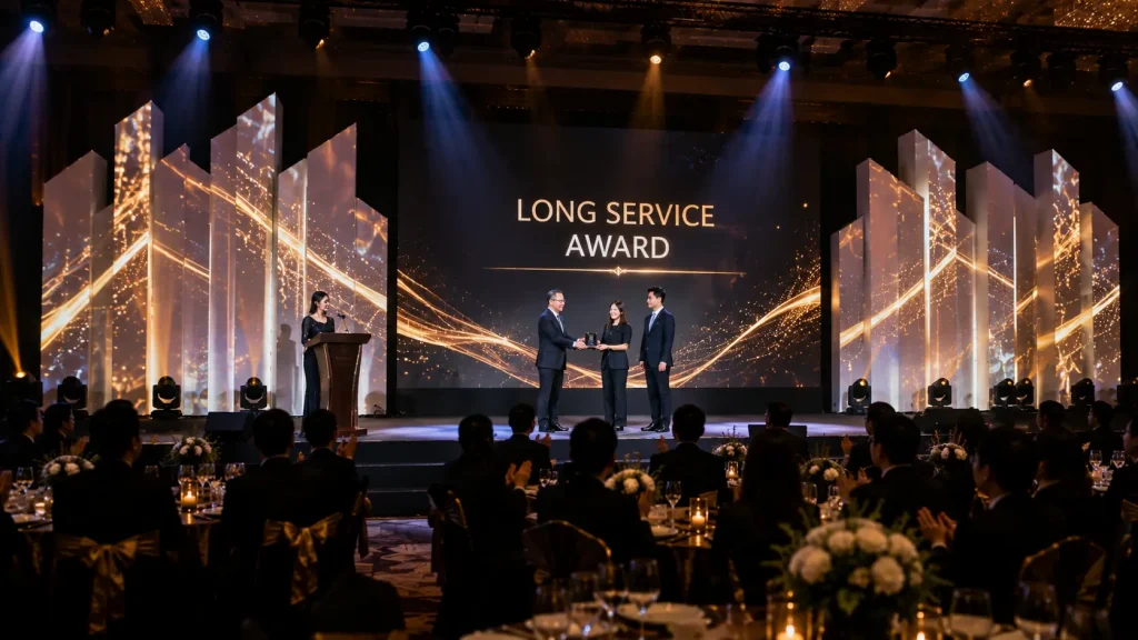 Interactive floor projection creating a guest engagement experience at a corporate annual dinner in Malaysia.