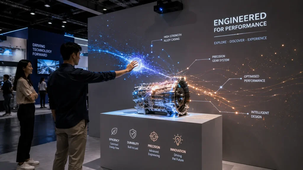 Interactive projection mapping used for product exploration and visitor engagement at an exhibition in Malaysia.