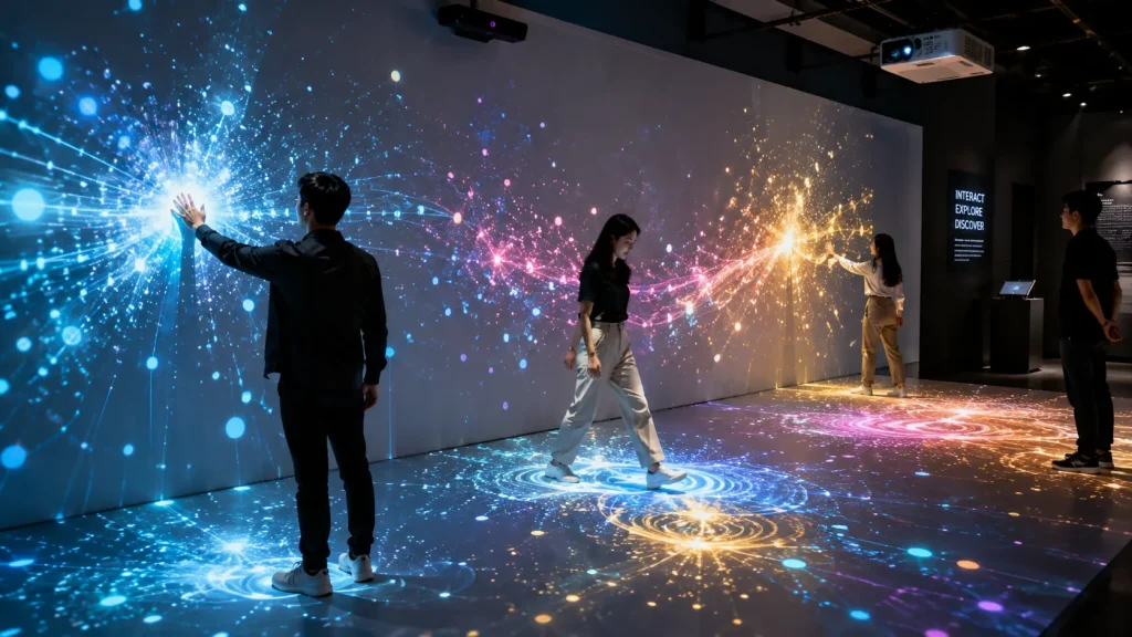 Interactive projection mapping in Malaysia responding to visitor movement across a projected wall and floor.