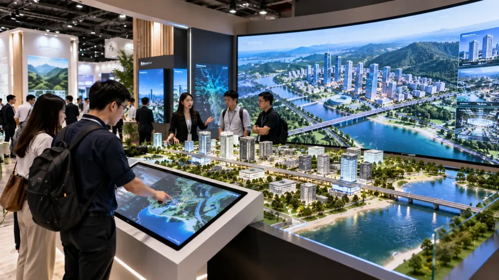 Interactive property and infrastructure exhibition using a physical model, digital map and coordinated content in Malaysia.