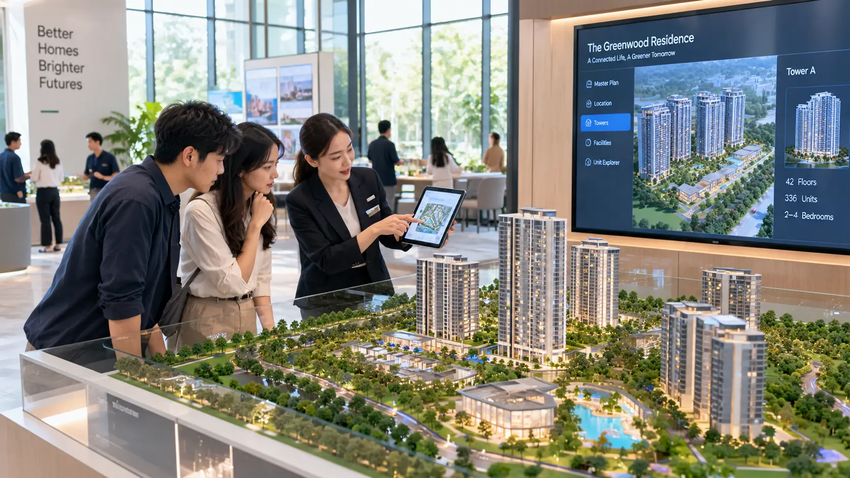 Interactive property sales gallery in Malaysia connecting a physical scale model with digital information