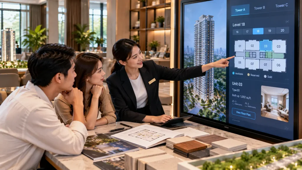 Property buyers using an interactive tower and unit selection system