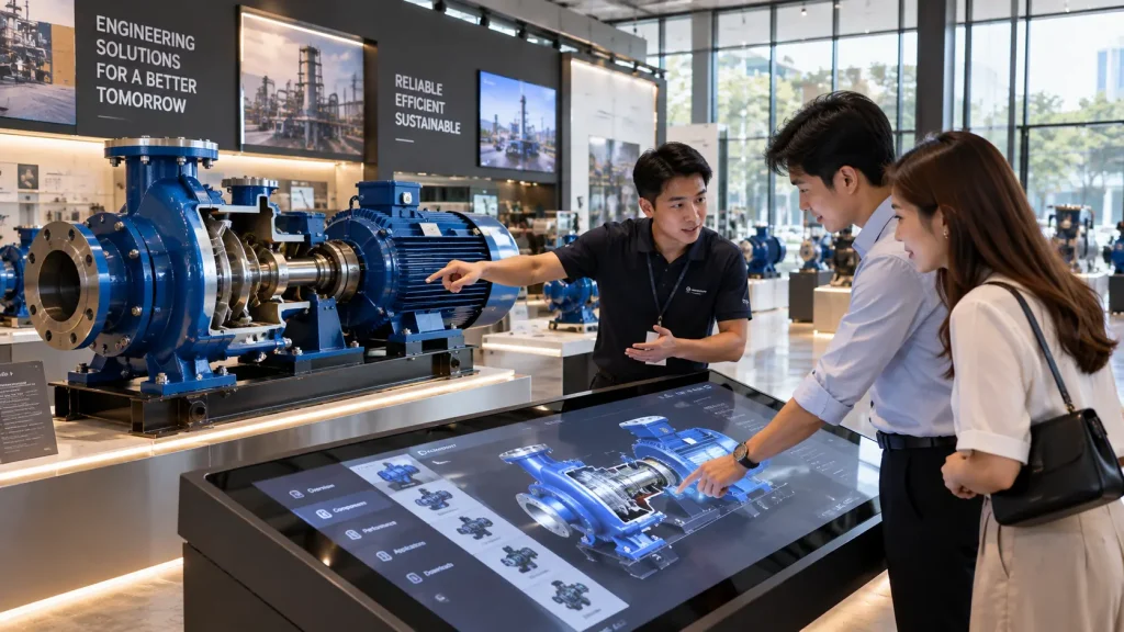 Interactive industrial showroom combining physical machinery with 3D product visualisation in Malaysia