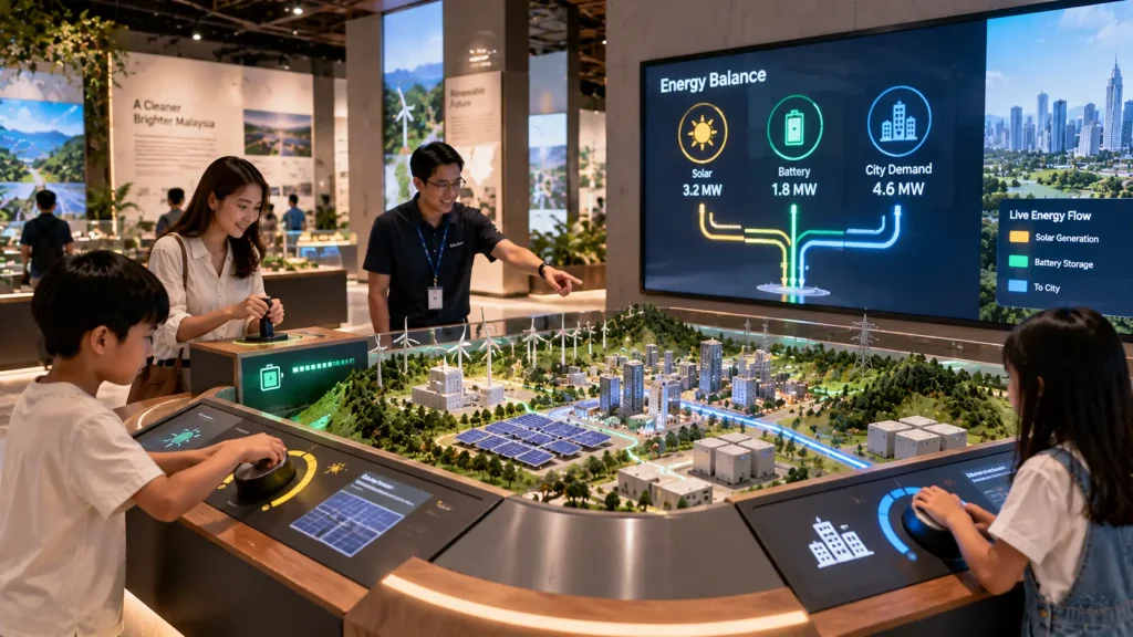 Visitors participating in a collaborative energy simulation inside a sustainability experience centre