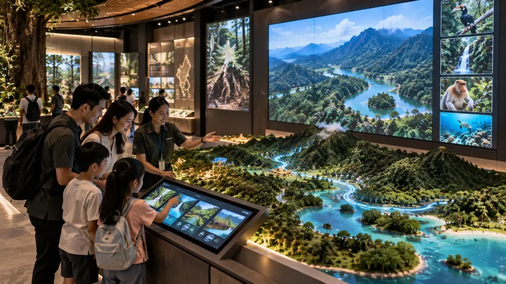 Interactive physical terrain model explaining Malaysian landscapes and ecosystems inside a visitor centre.