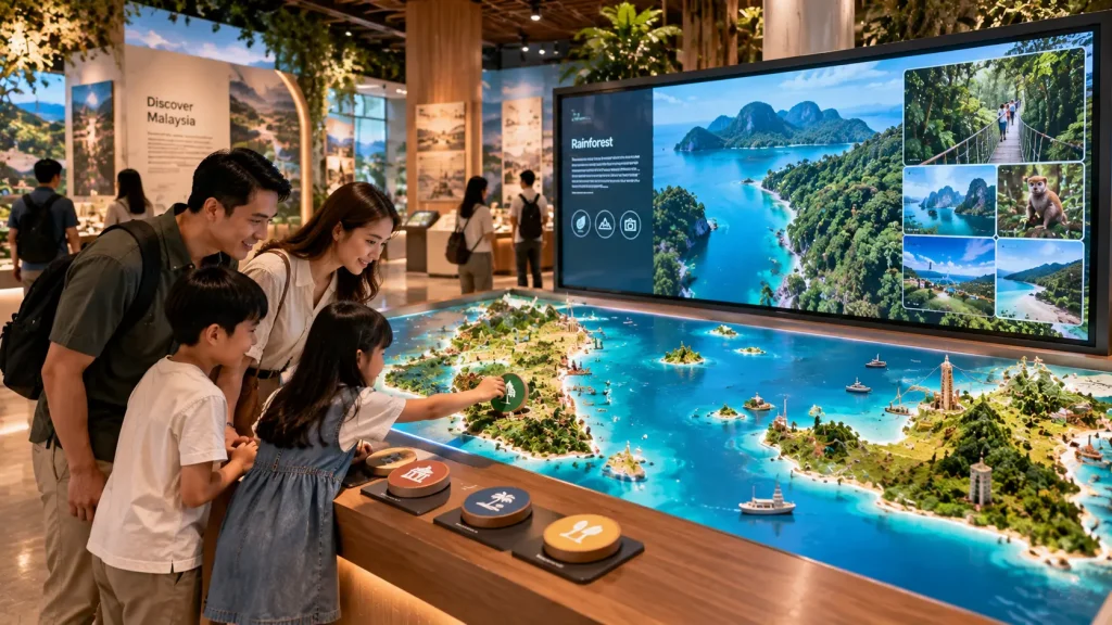 Visitors exploring Malaysia through an interactive physical tourism map
