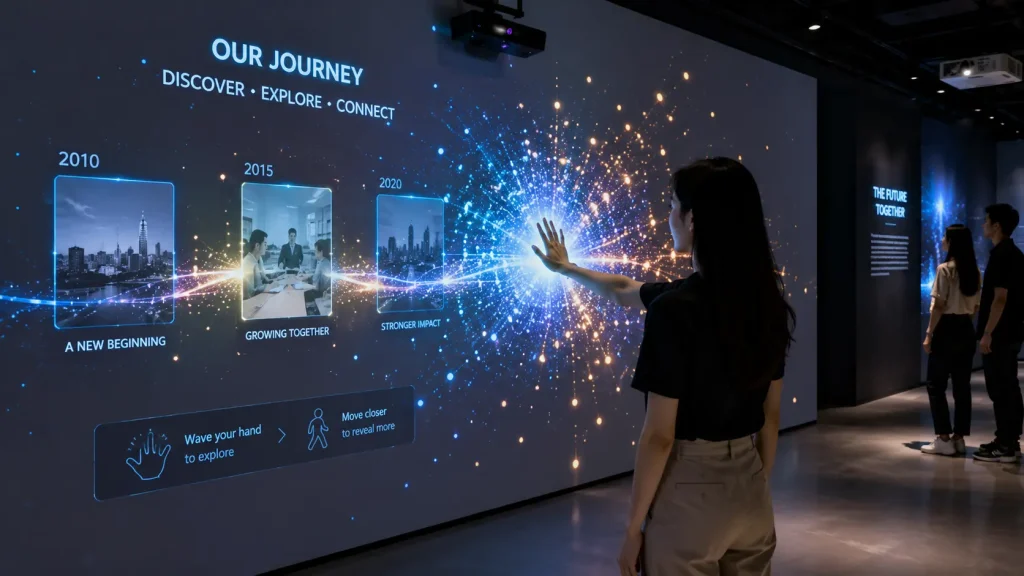 Visitor using gesture interaction with a responsive interactive wall projection installation in Malaysia.