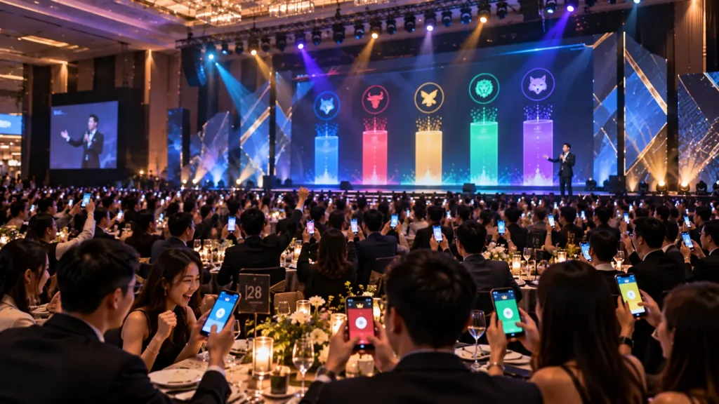 Large corporate audience participating in a live mobile table game with real-time LED screen results in Malaysia.