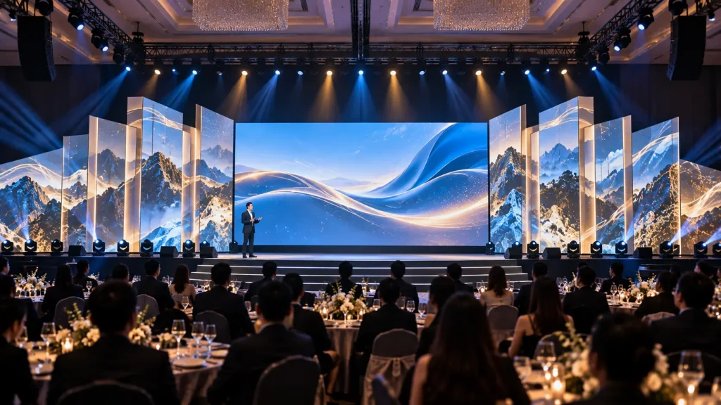 Hybrid LED screen and projection mapping stage for a corporate event in Malaysia.