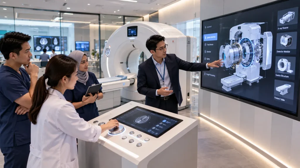 Medical technology demonstration centre using interactive 3D visualisation to explain equipment