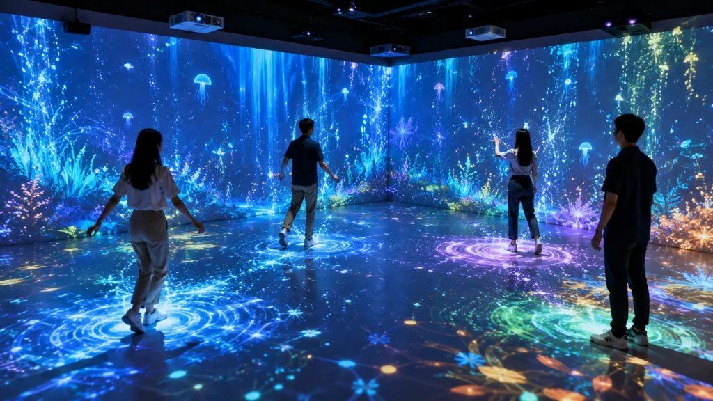 Multi-user immersive interactive projection environment responding independently to visitor movement.
