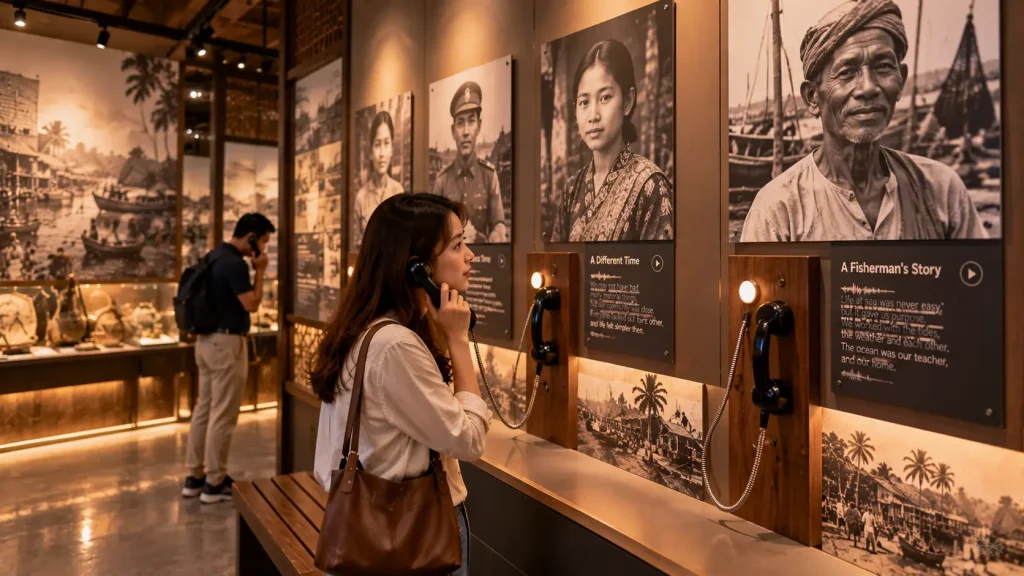 Visitor listening to an oral history recording through an interactive museum handset