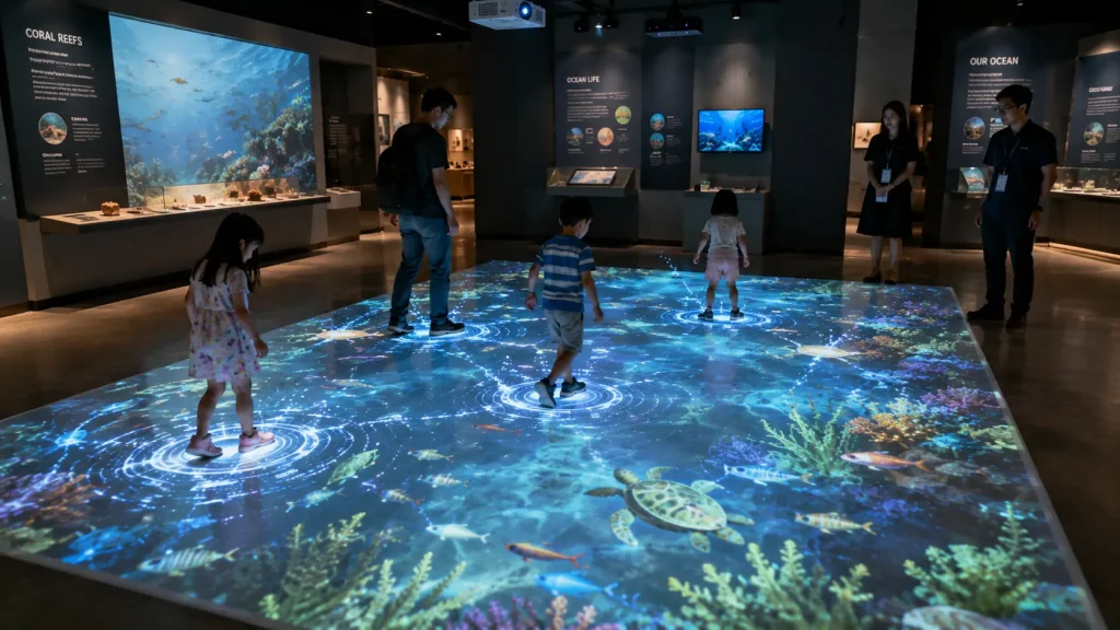 Permanent interactive floor projection installation for an educational museum and visitor experience in Malaysia.