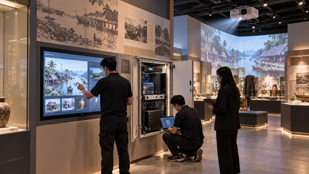 Permanent museum technology installation with integrated touchscreen, projection and maintenance access in Malaysia.