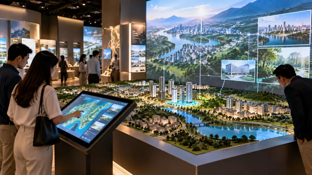 Physical architectural model integrated with touchscreen and digital projection in a Malaysian visitor centre.