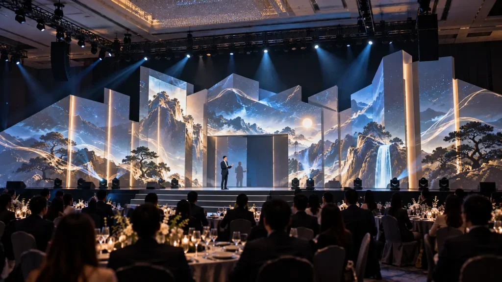 Projection mapped corporate event stage transforming physical scenic structures in Malaysia.