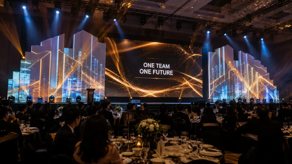 Projection mapping for annual dinners in Malaysia extending visual content from an LED screen onto physical stage structures.
