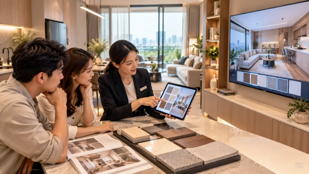 Property buyers comparing physical finishes with an interactive interior configurator