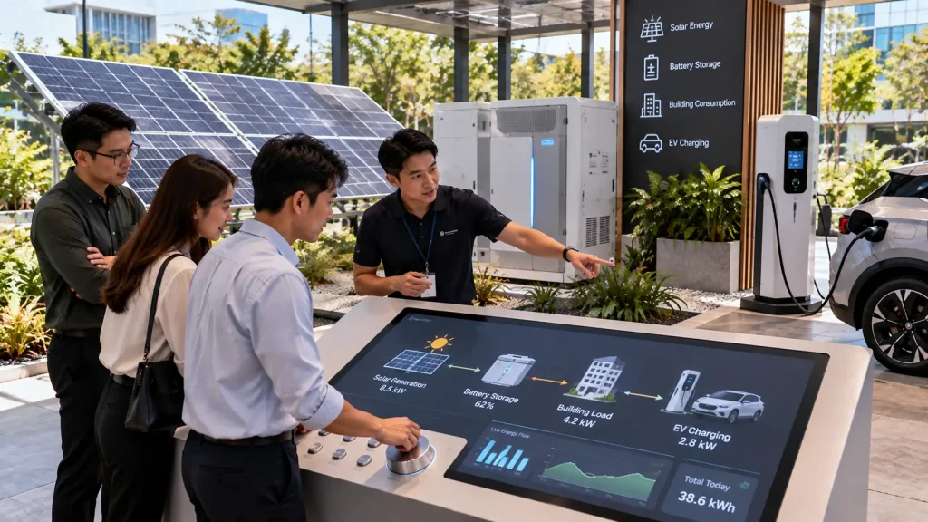Renewable energy experience centre with interactive solar and battery system visualisation