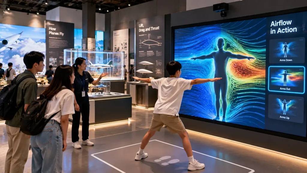 Visitor using body tracking to explore aerodynamics in an interactive science centre