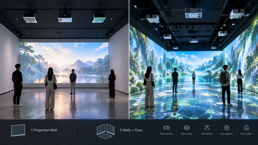 Comparison between single-wall and multi-wall immersive projection system complexity.