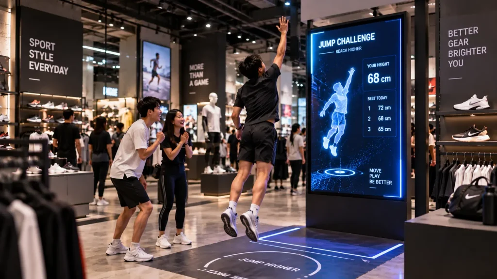 Motion-controlled interactive challenge inside a sportswear retail store