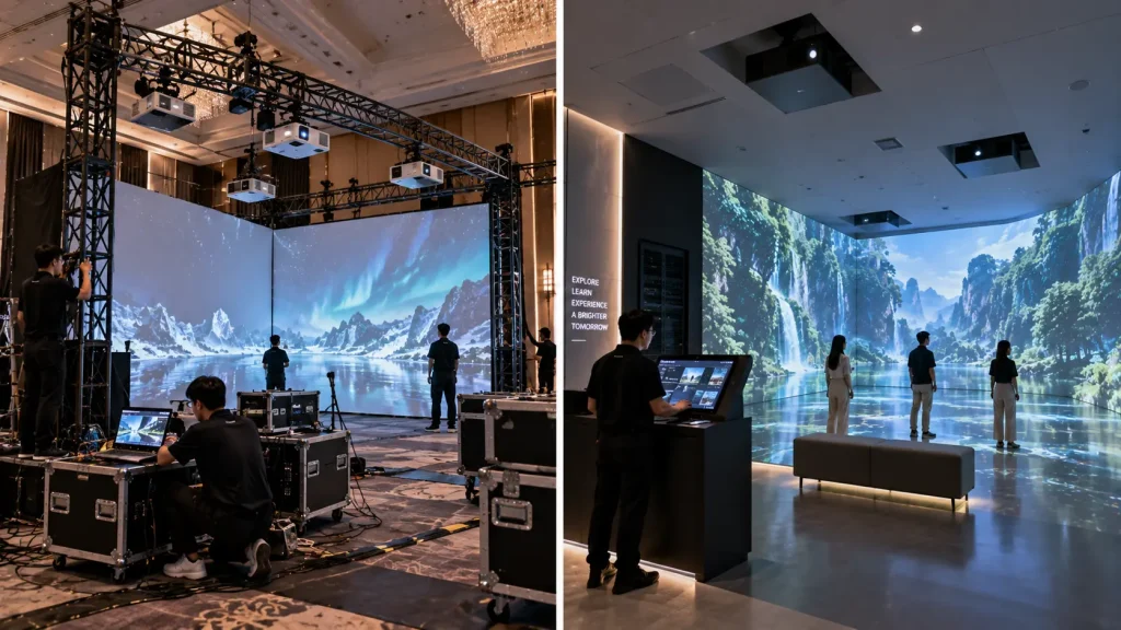 Temporary event immersive setup compared with a permanent immersive installation in Malaysia.