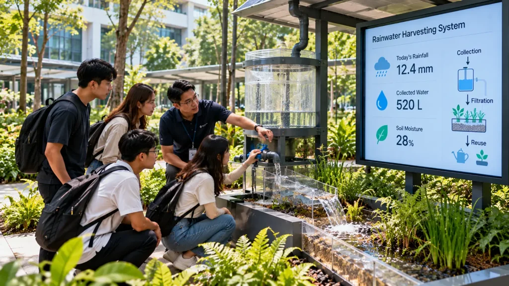 University students learning from an interactive rainwater and sustainability installation