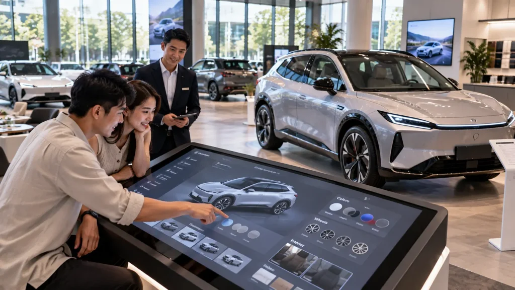 Automotive showroom with interactive vehicle configurator beside a physical car