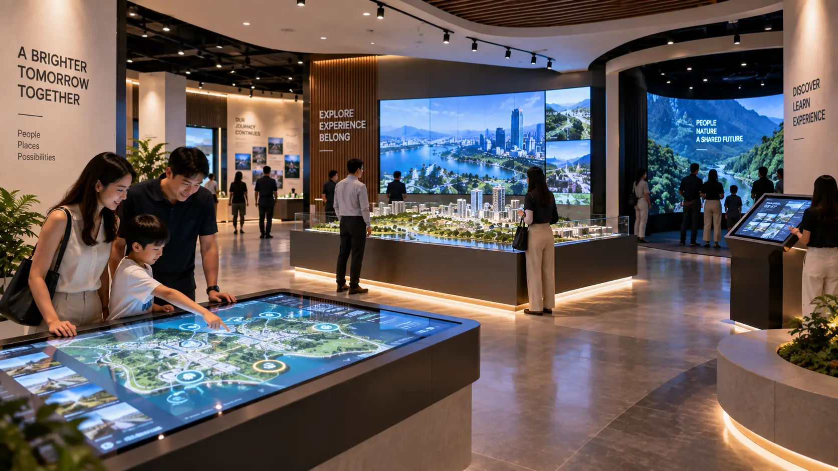 Modern visitor centre interactive installation with maps, digital displays and physical exhibits
