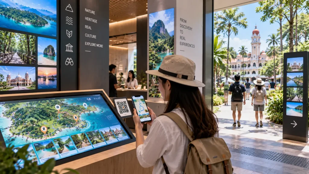 Visitor continuing a destination route from an interactive visitor centre to a mobile device in Malaysia.